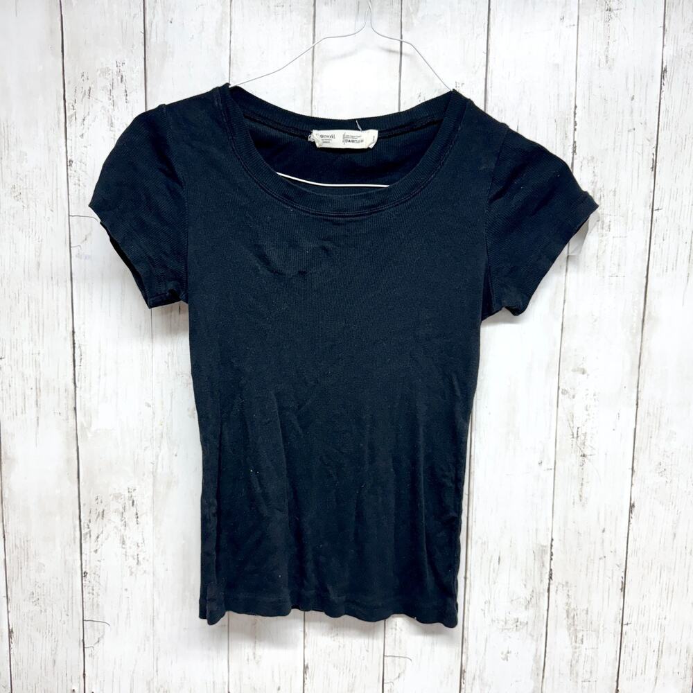 Entireworld‎ Top Women Size Small Black Organic Cotton Ribbed Short Sleeve Shirt